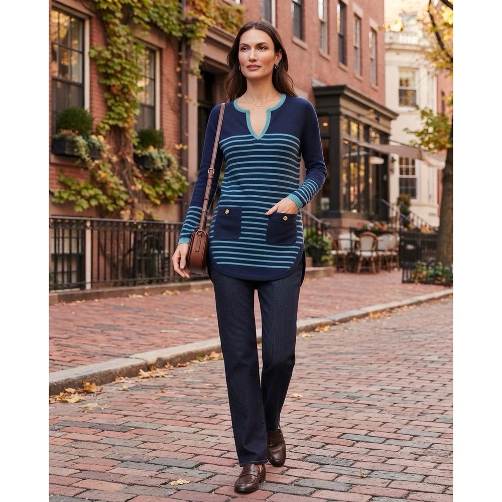 Tory Burch Wool Cashmere Blend Tunic Sweater XS Navy Stripe Pockets 50123142